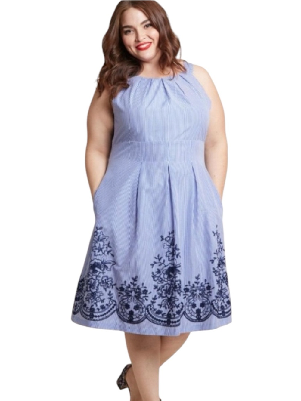 Nine West Pin Striped Embroidered Fit & Flare Dress